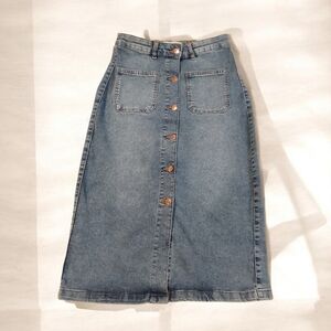 Retro High Rise Stretch Denim Midi A Line Button Up Casual Jean Skirt Size 5